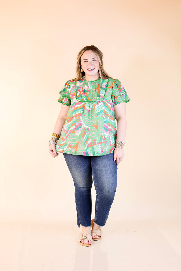 Lovely Dreams Abstract Print Blouse with Lace Detailing in Green