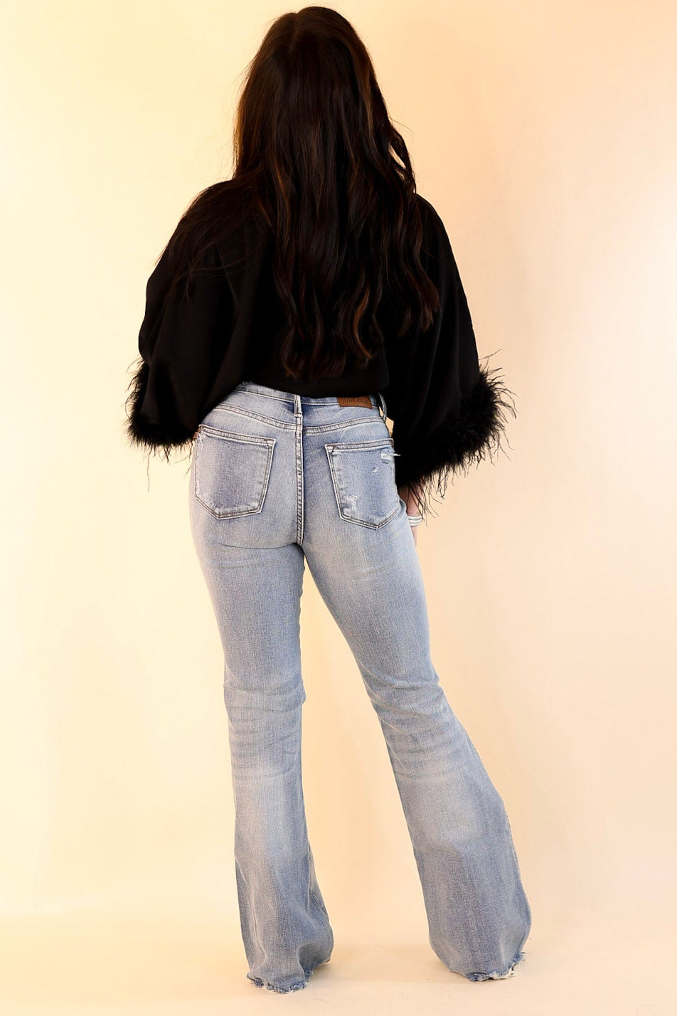 Party Plans V Neck Bodysuit with Feather Sleeves in Black