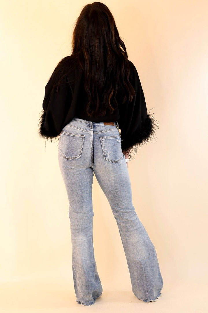 Party Plans V Neck Bodysuit with Feather Sleeves in Black