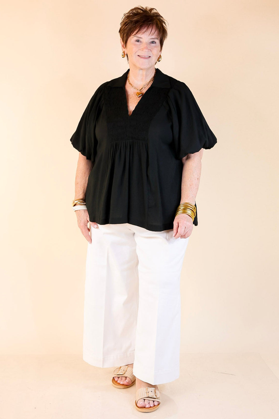Crush on Classic Flowy Blouse with Smocked Yoke in Black