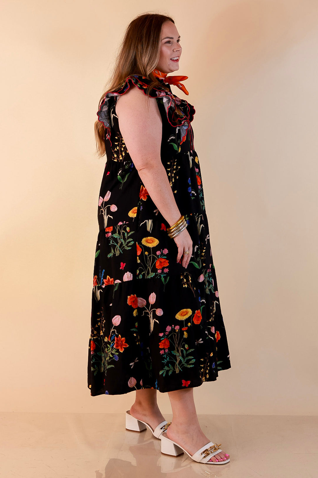 Flourishing Charm Floral Ruffle Cap Sleeve Tiered Midi Dress in Black