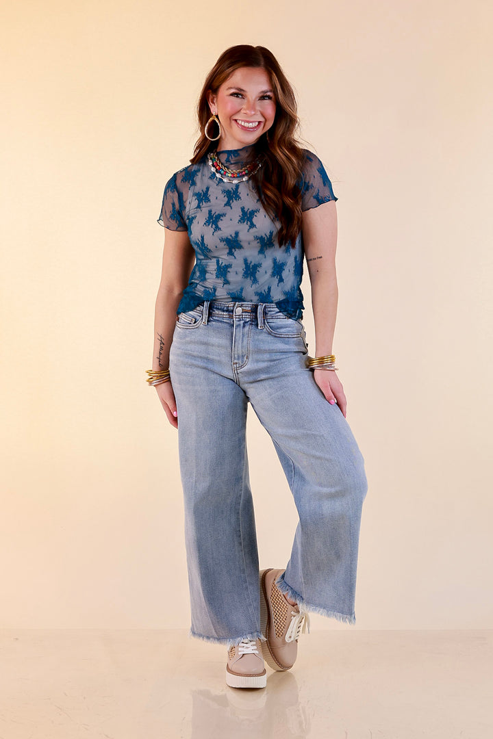 Lovely in Lace Sheer Mock Neck Short Sleeve Top in Teal Blue