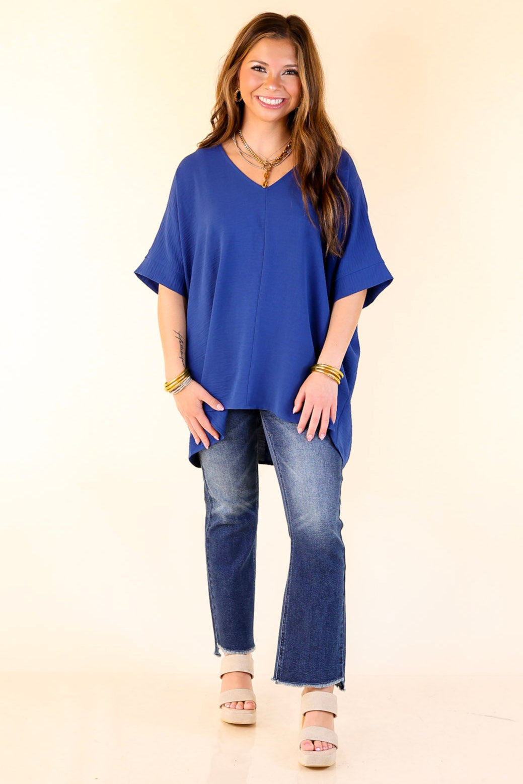 Classically Chic Short Sleeve V Neck Top in Navy
