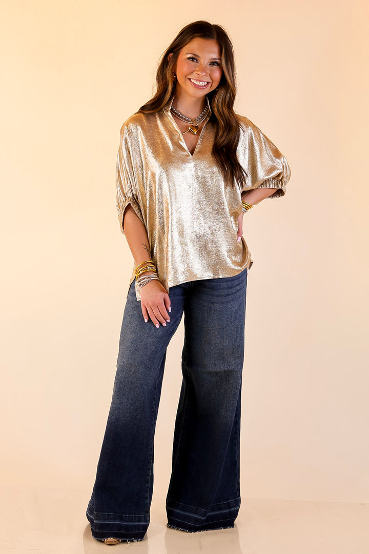 Naturally Stylish Shimmer Metallic Poncho Top in Gold