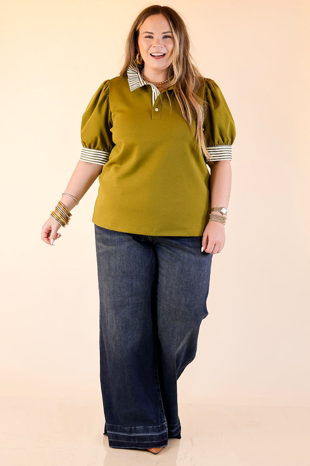 Refined Edge Short Puff Sleeve Top with Striped Collar in Olive Green