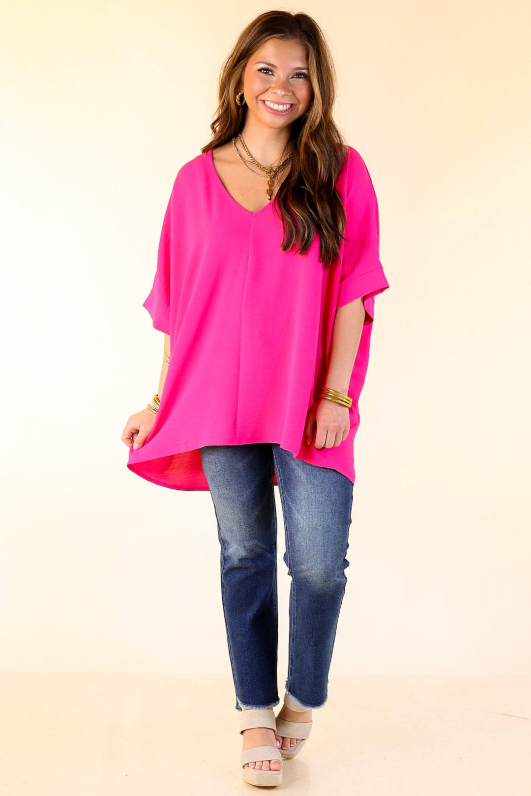 Classically Chic Short Sleeve V Neck Top in Hot Pink
