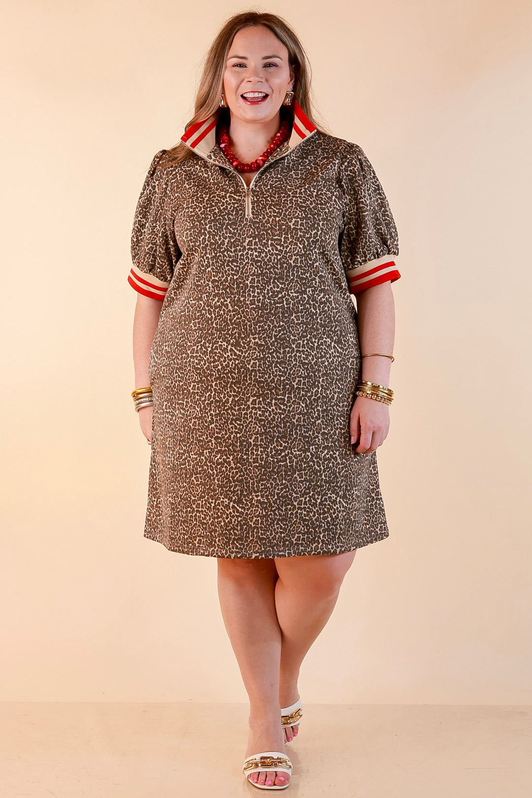 Winning Look Half Zip Puff Sleeve Dress with Contrast Trim in Leopard Print
