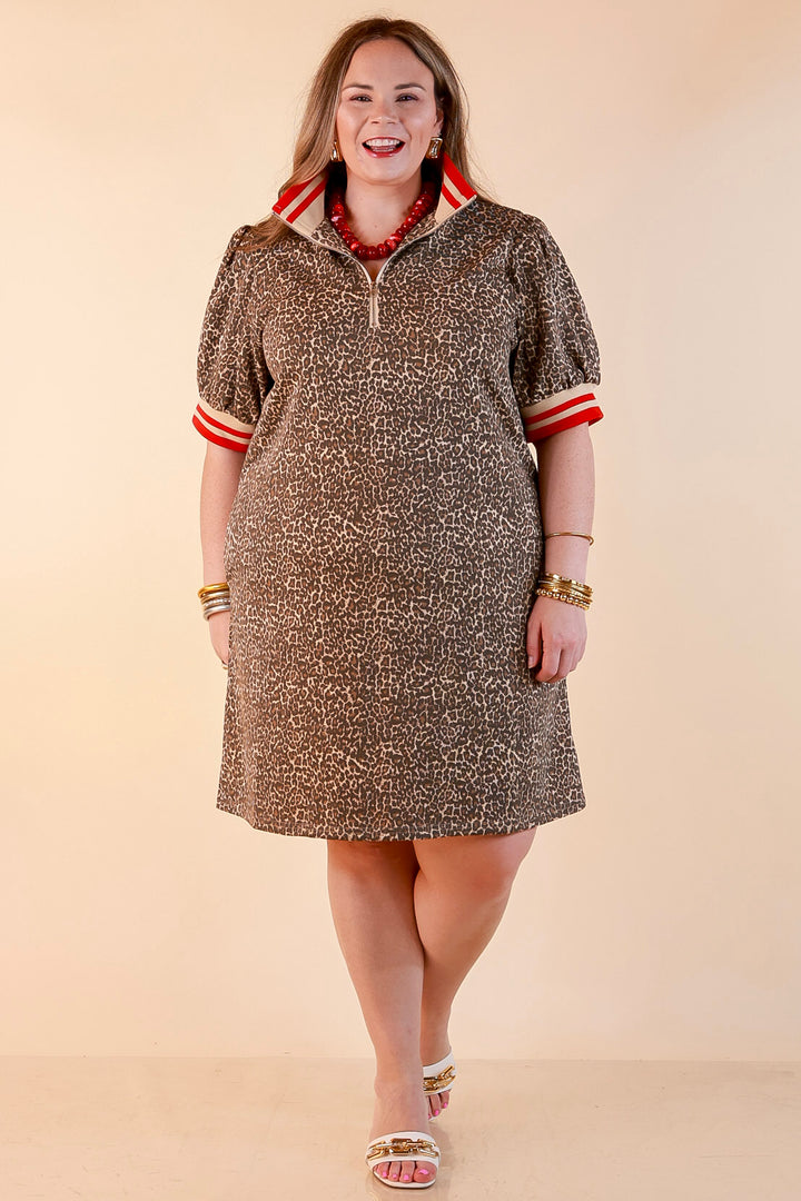 Winning Look Half Zip Puff Sleeve Dress with Contrast Trim in Leopard Print