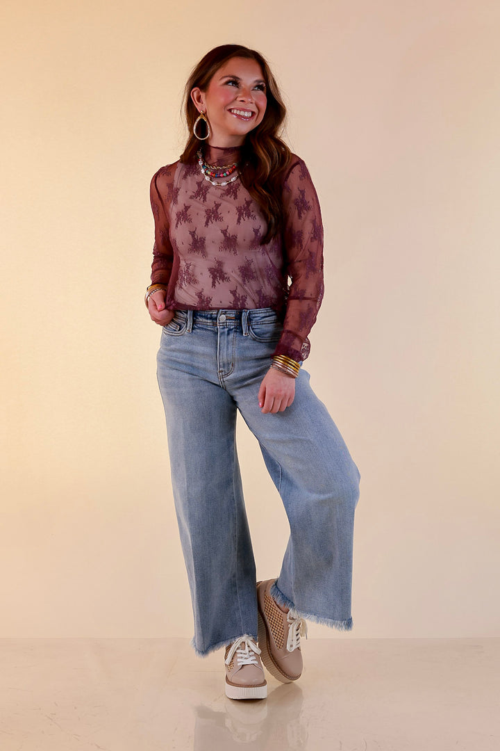 Delicate Charm Long Sleeve Sheer Lace Top with Mock Neck in Dark Purple