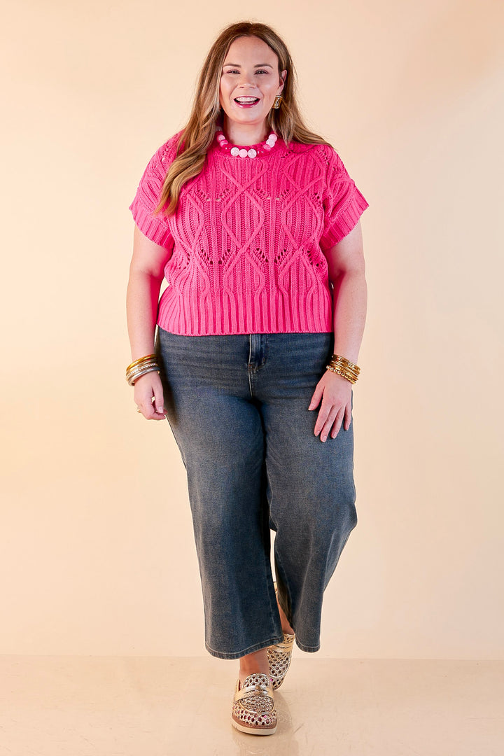 Knit to Last Cable Knit Short Sleeve Sweater Top in Hot Pink