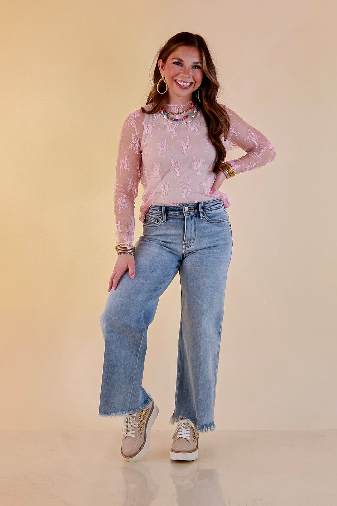 Delicate Charm Long Sleeve Sheer Lace Top with Mock Neck in Pale Pink