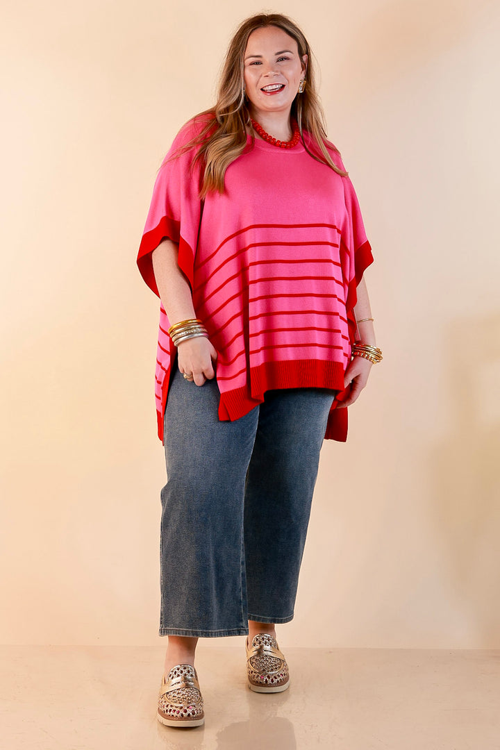 Casual to Chic Short Sleeve Striped Poncho Top in Pink and Red