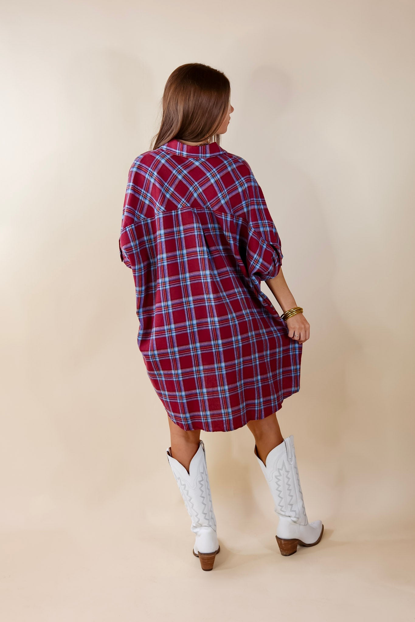 Cozy And Kind Button Up Plaid Dress in Maroon - Giddy Up Glamour Boutique