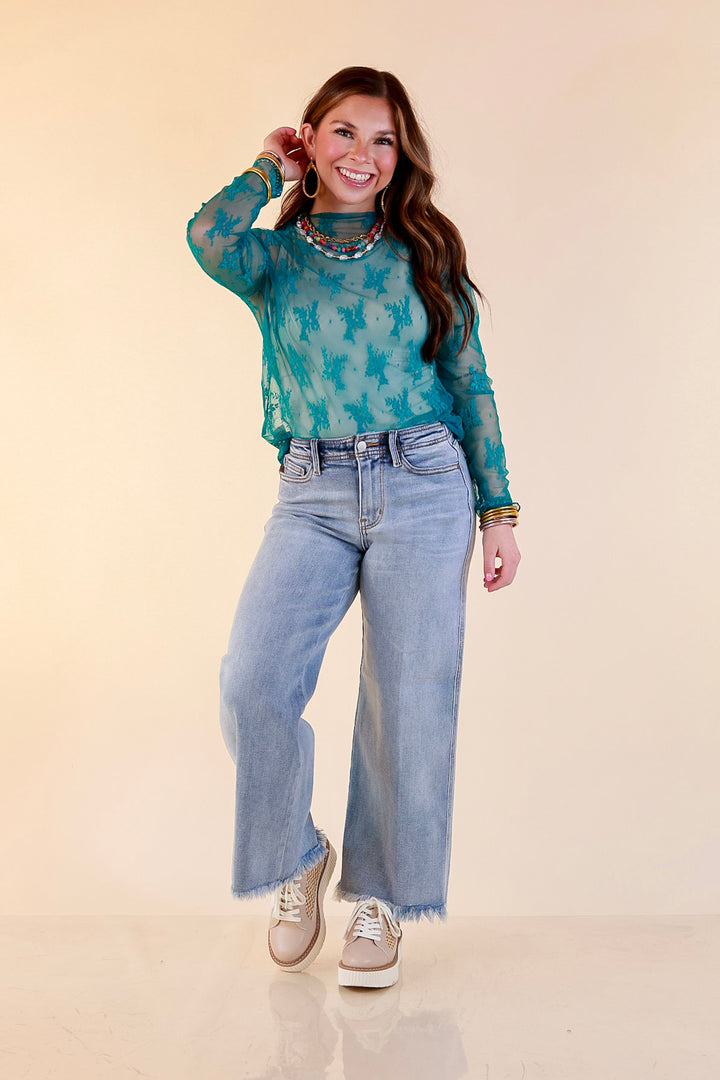 Delicate Charm Long Sleeve Sheer Lace Top with Mock Neck in Turquoise Blue