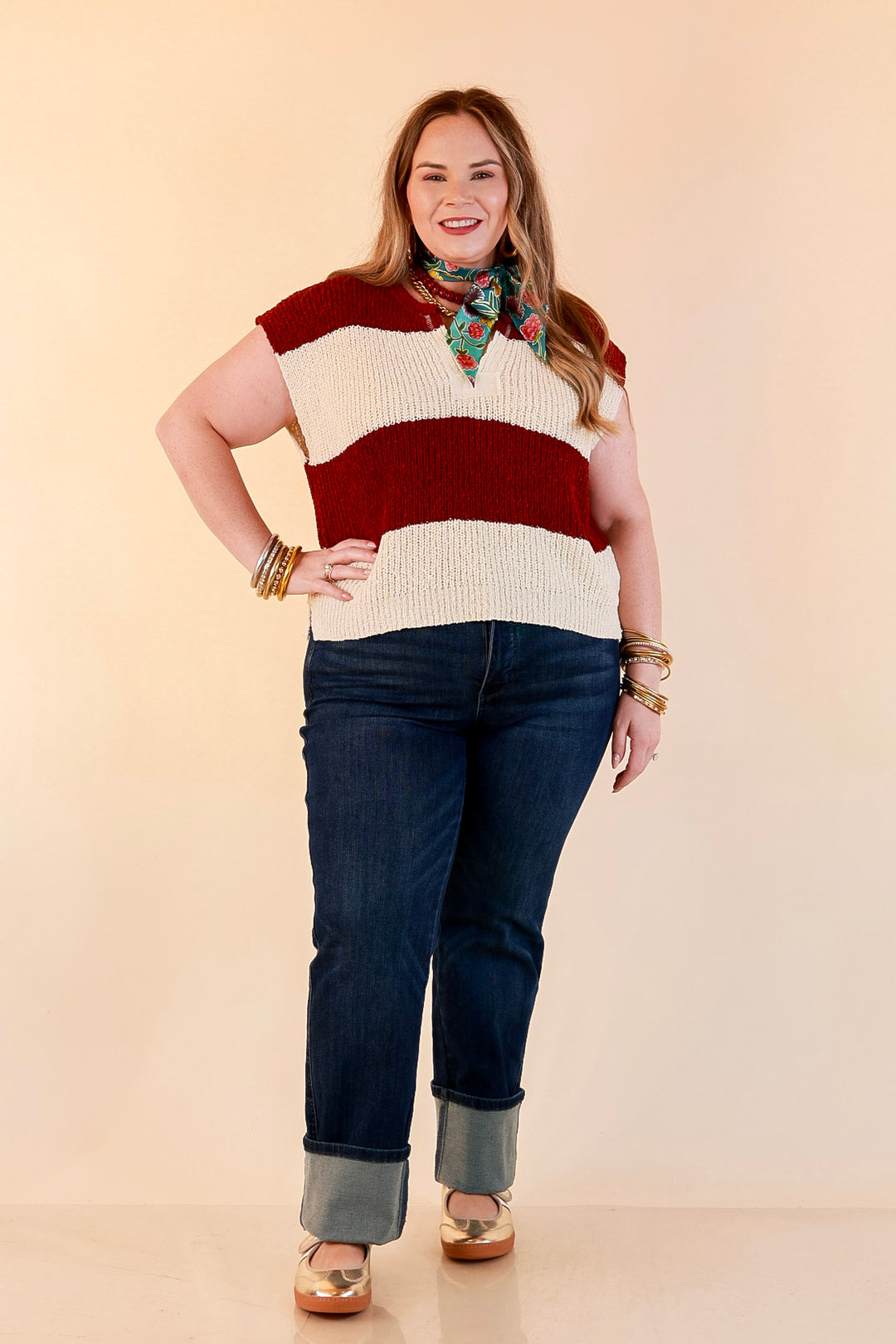 The Style Standard Striped Sleeveless Sweater Knit Top in Burgundy and Ivory