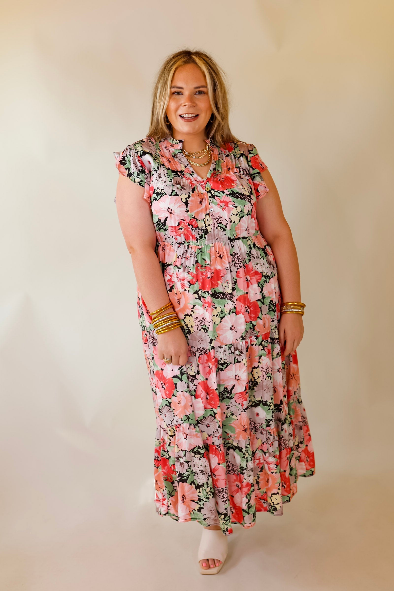 Strolling Down Sunset Floral Tiered Midi Dress in Pink and Green Mix - Giddy Up Glamour Boutique