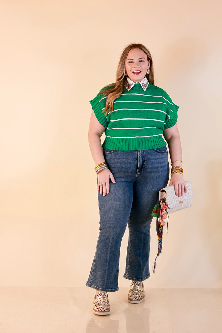 Sweet in Stripes Short Sleeve Striped Mock Neck Sweater in Kelly Green