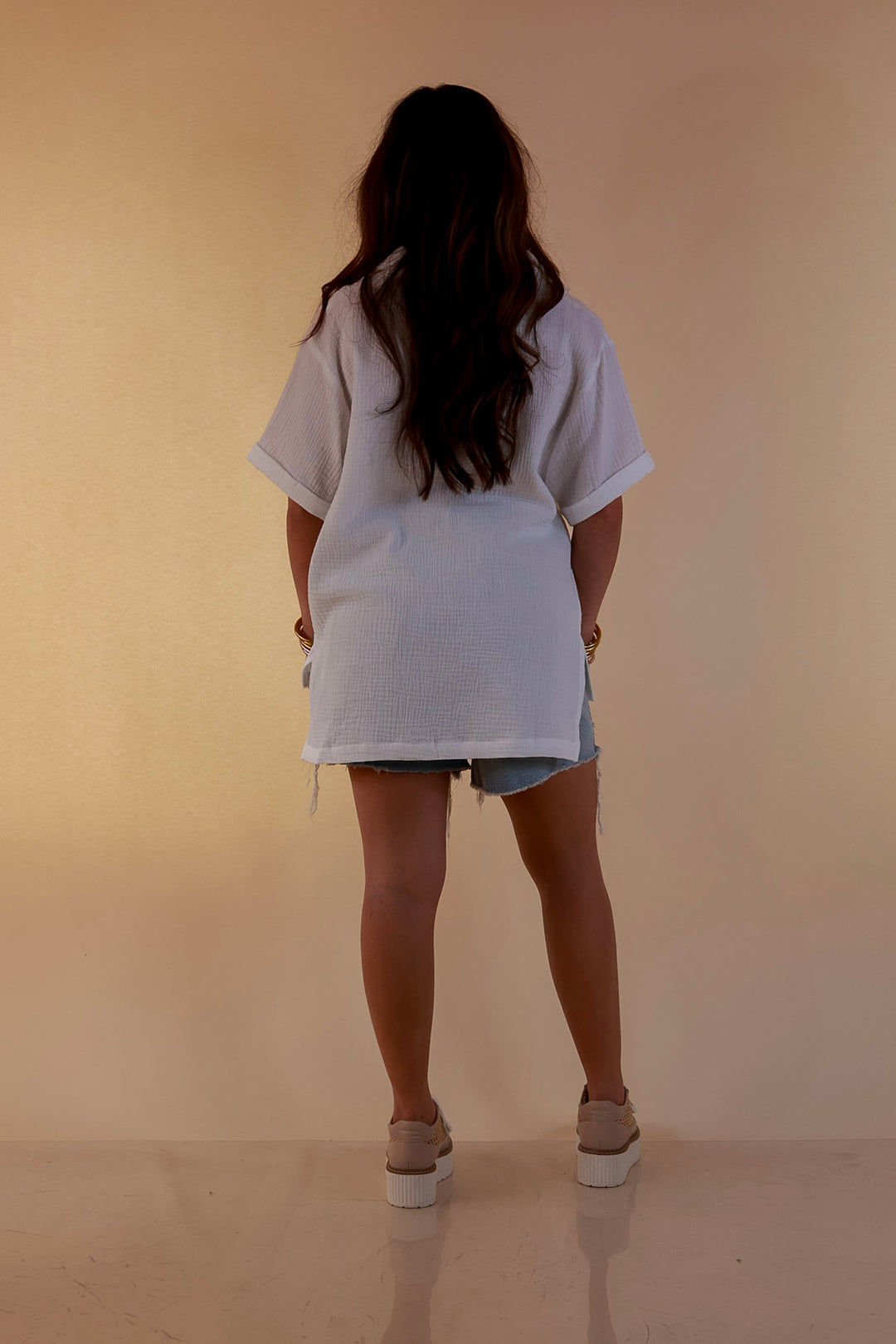 Quite Appropriate Short Sleeve Collared V Neck Linen Top with Rolled Sleeve Detail in White