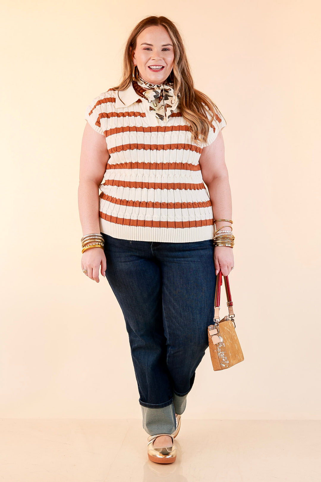 Signature Stripe Drop Shoulder Cable Knit Collared Polo Top in Ivory with Camel Brown Stripes