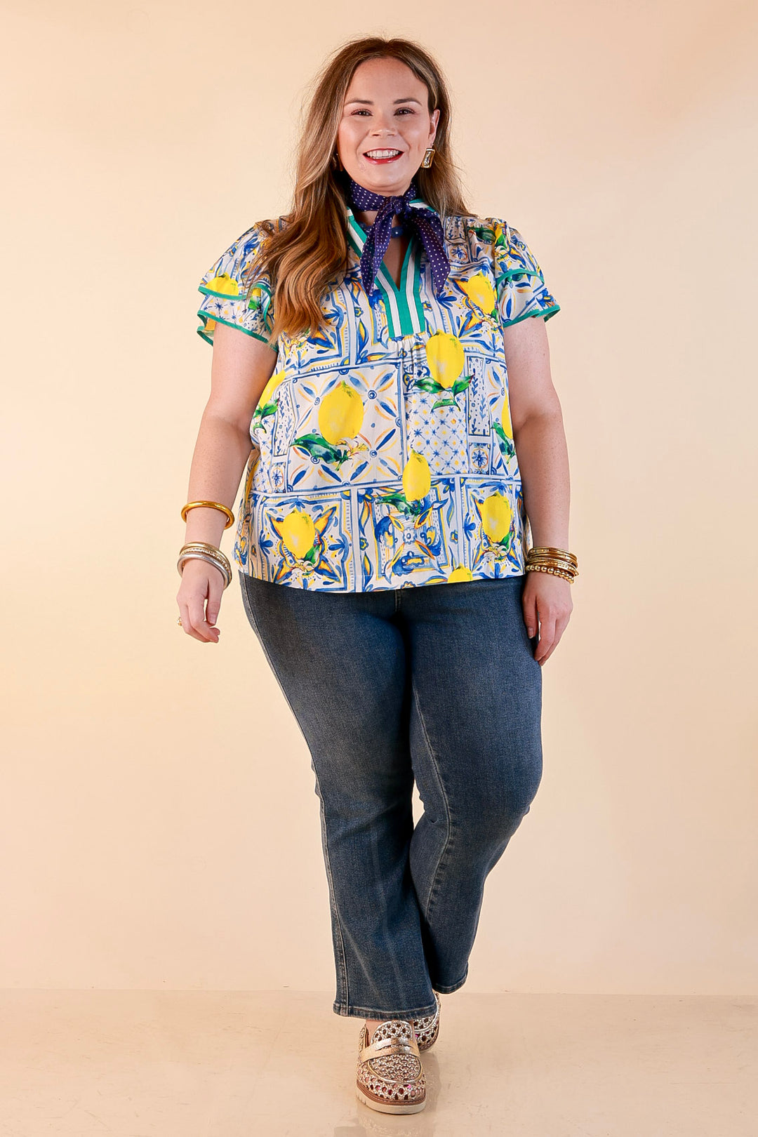 Amalfi Afternoon Lemon Tile Print Flutter Sleeve Split Neck Top in Ivory, Blue and Yellow