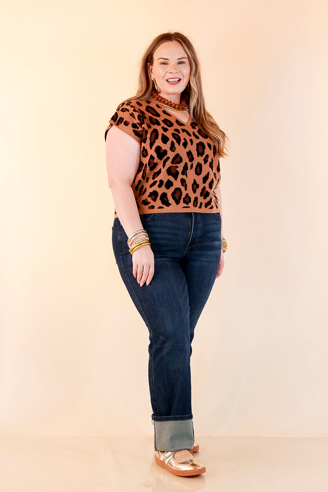 Natural Instinct Leopard Print V-Neck Sweater Knit Top in Camel and Black