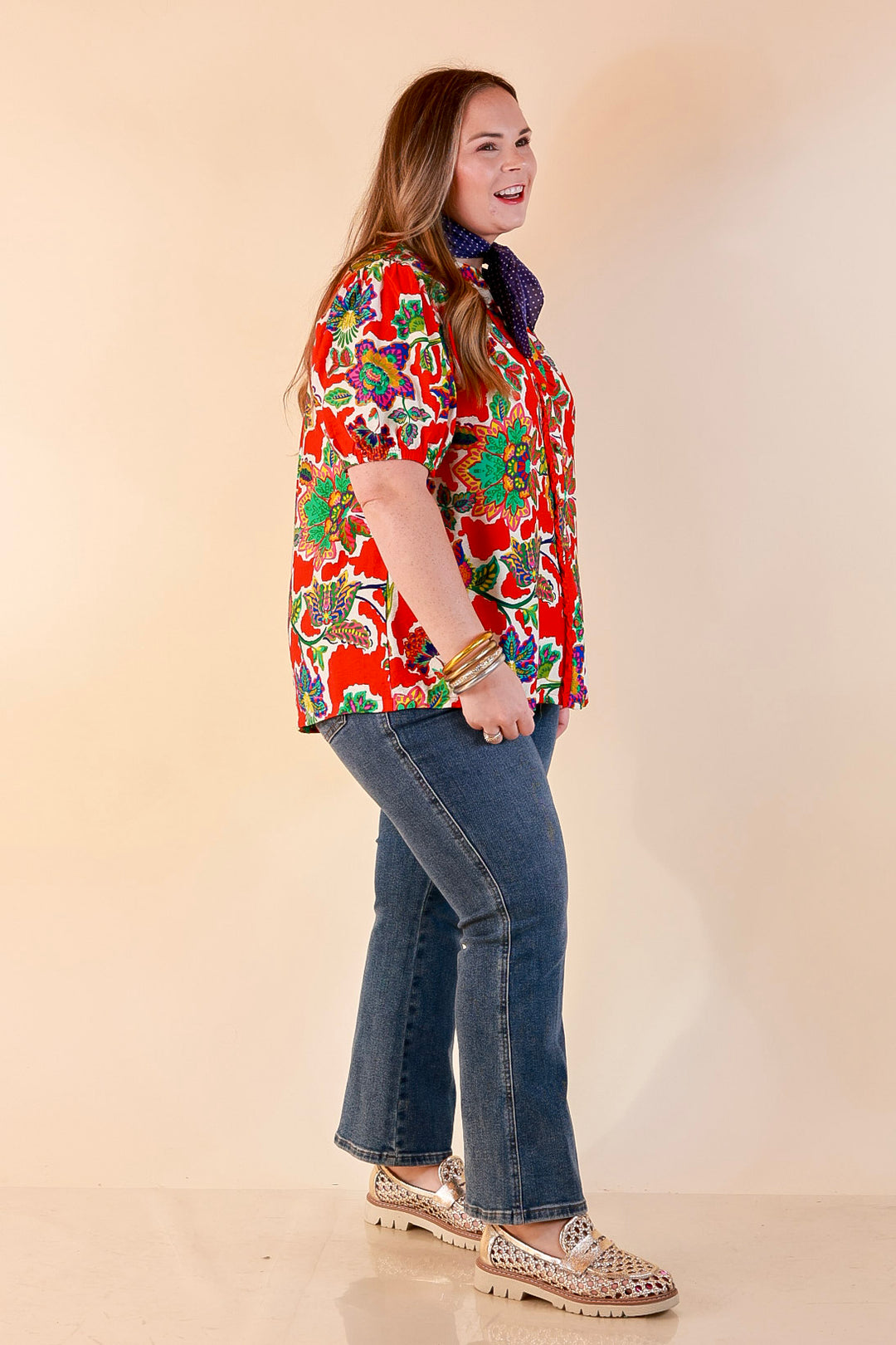 Petal Pop Floral Print Ruffle Front Button Up Top with Puff Sleeves in Red