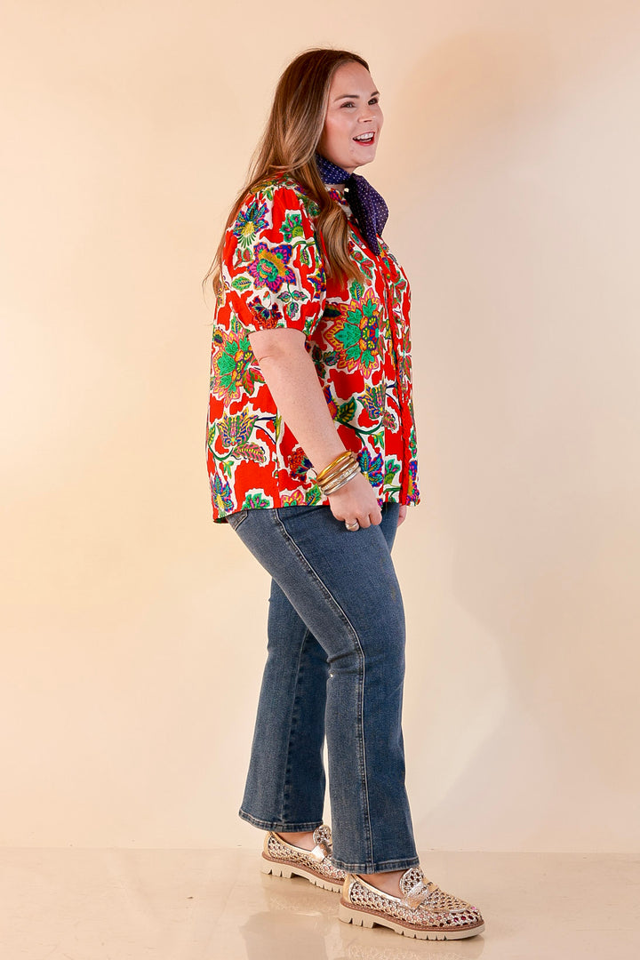 Petal Pop Floral Print Ruffle Front Button Up Top with Puff Sleeves in Red