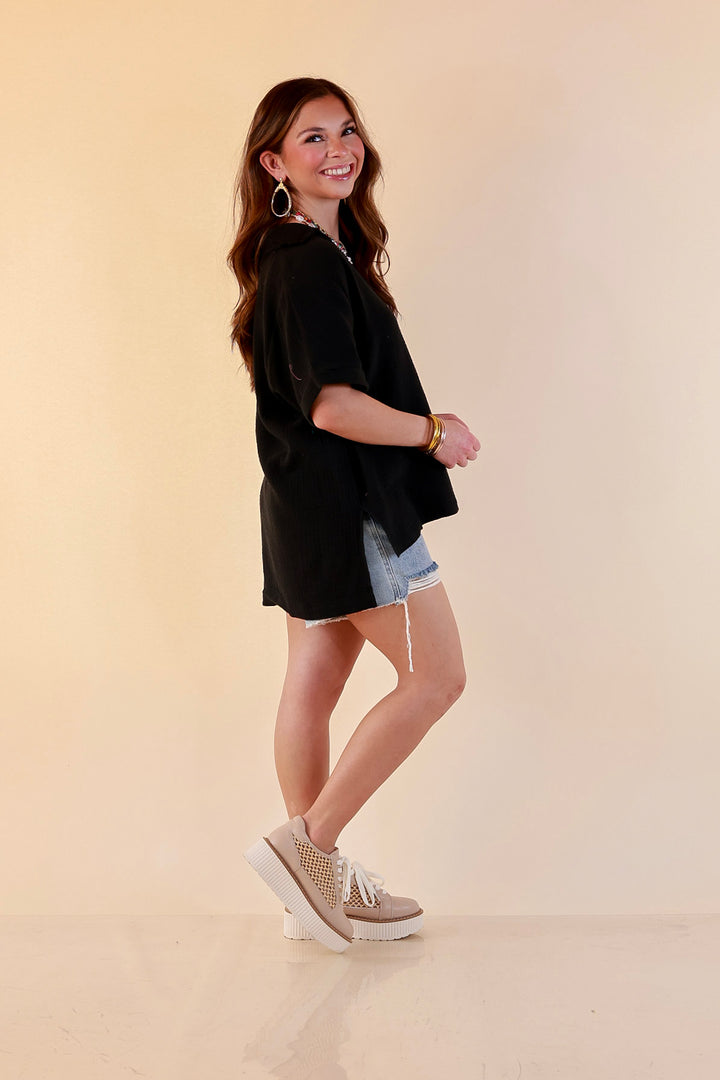 Quite Appropriate Short Sleeve Collared V Neck Linen Top with Rolled Sleeve Detail in Black