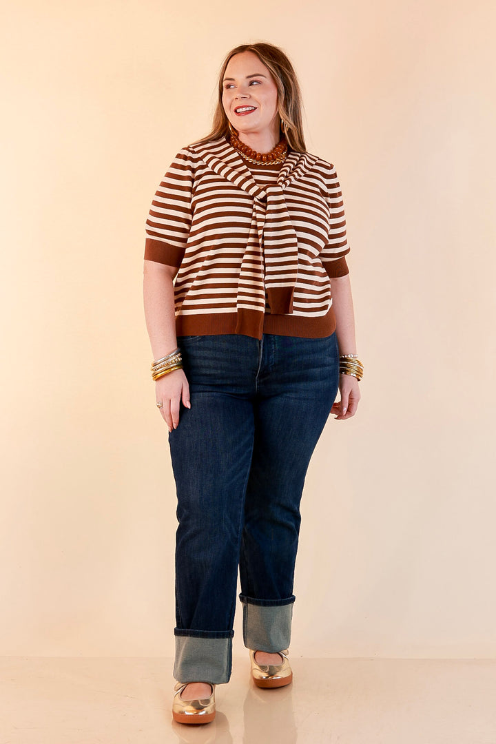 Leading Lady Faux Sweater Tie Detail Short Sleeve Striped Knit Top in Brown and Ivory