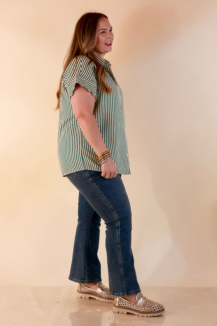 Closet Essential Striped Button Up Short Sleeve Collared Top in Green