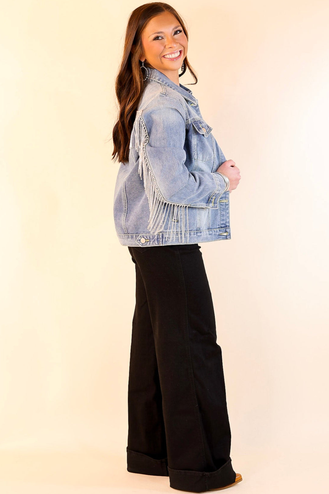 Rhinestone Cowgirl Crystal Fringe Denim Jacket in Medium Wash