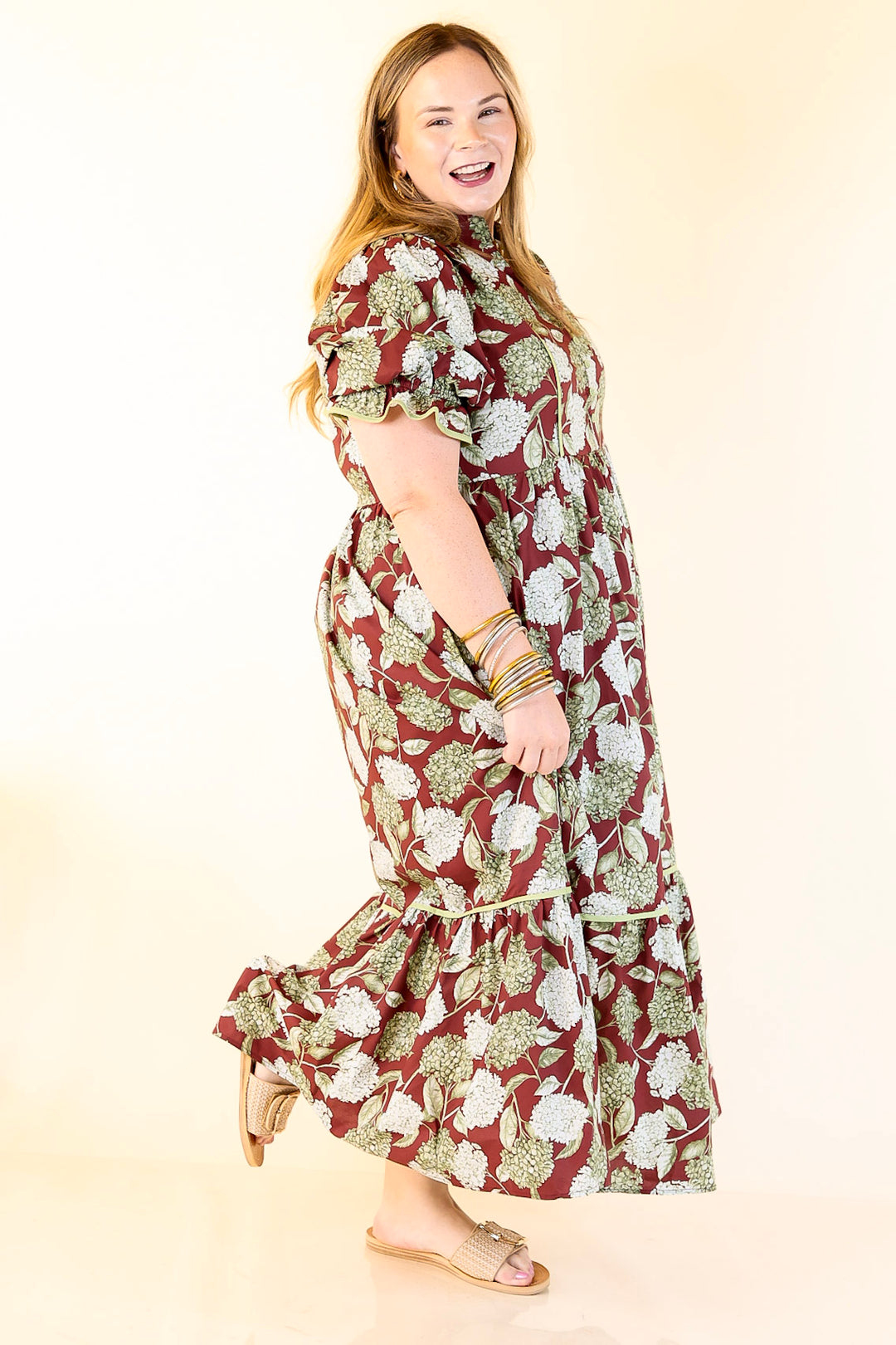 Petals & Poetry Hydrangea Floral Puff Sleeve Tiered Maxi Dress in Maroon