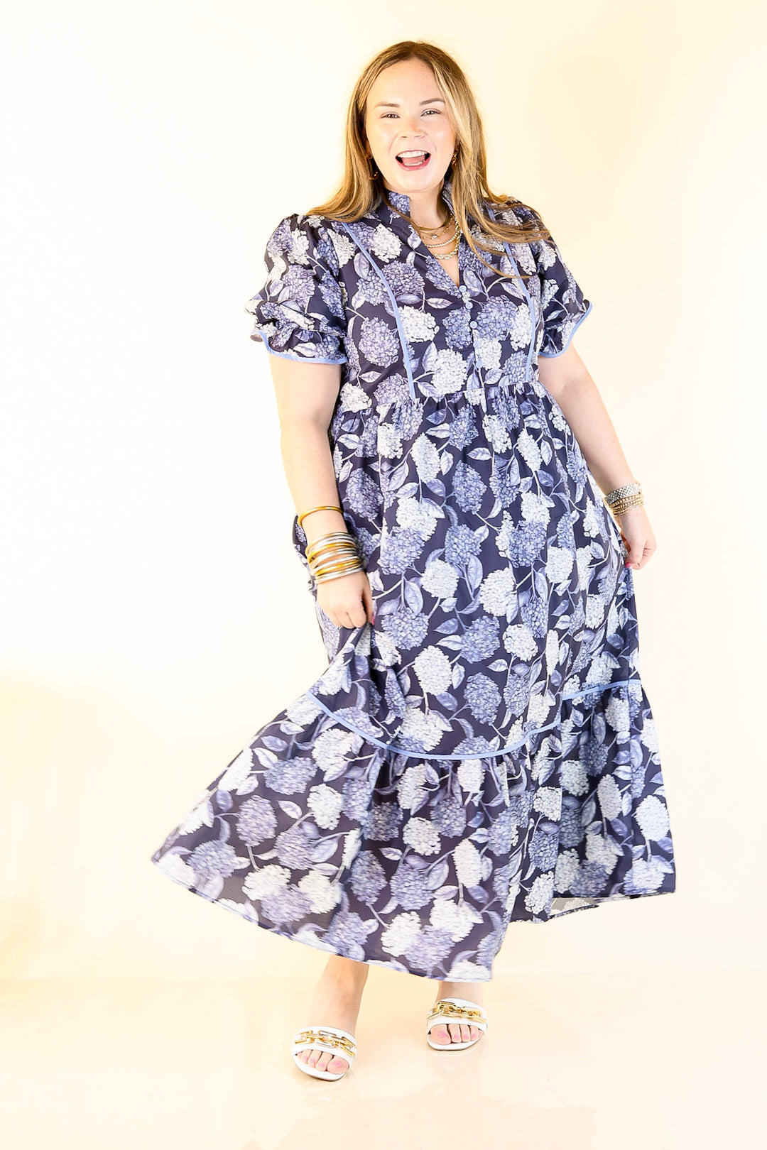 Petals & Poetry Hydrangea Floral Puff Sleeve Tiered Maxi Dress in Navy Blue