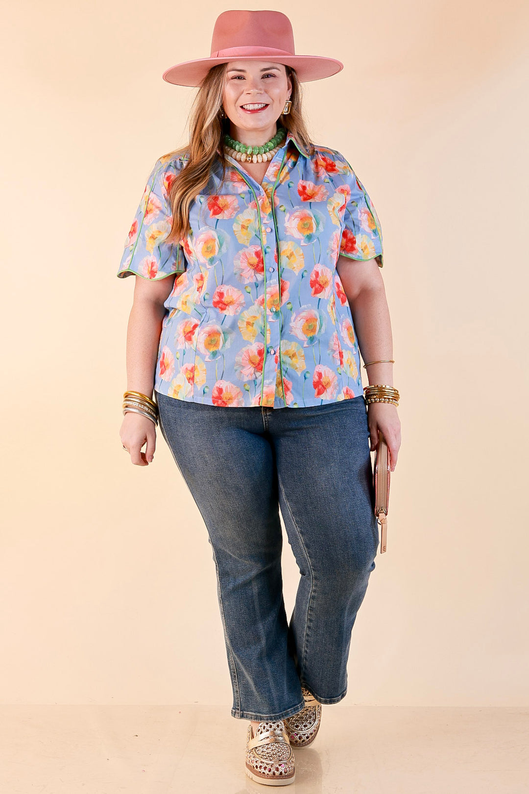 Petals and Plans Poppy Floral Print Button Up Collar Blouse in Dusty Blue