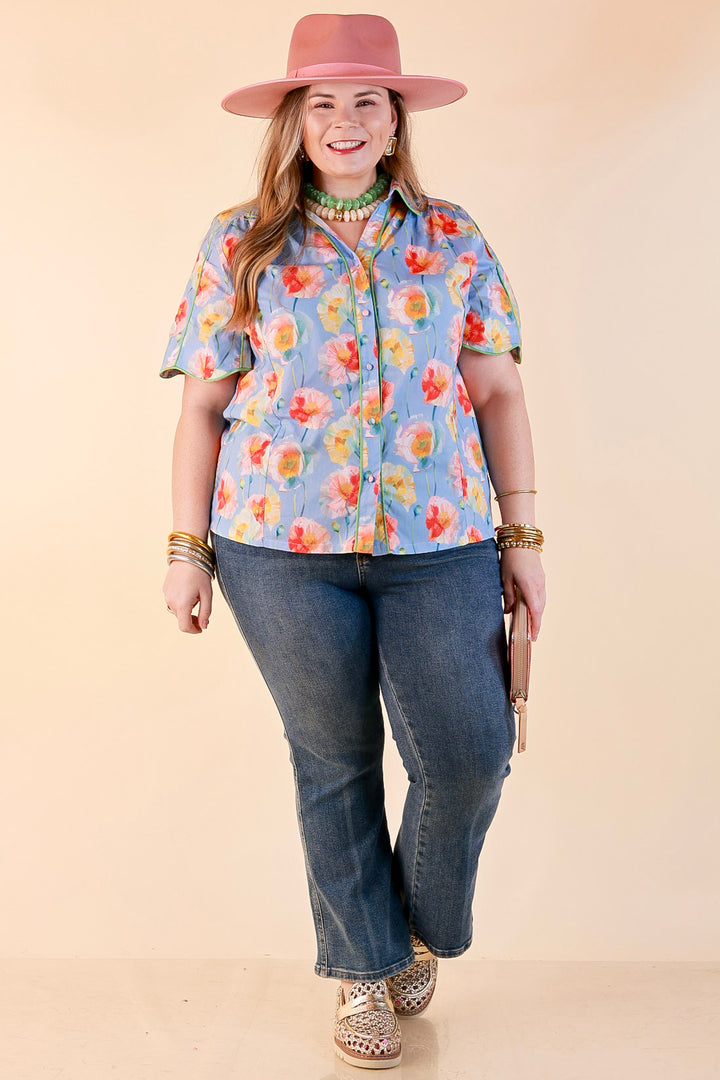 Petals and Plans Poppy Floral Print Button Up Collar Blouse in Dusty Blue