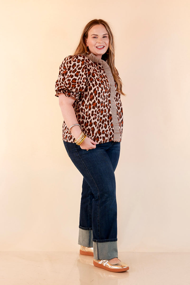 Catch the Compliments Puff Sleeve Ruffle Trim Leopard Print Statement Top in Ivory and Brown