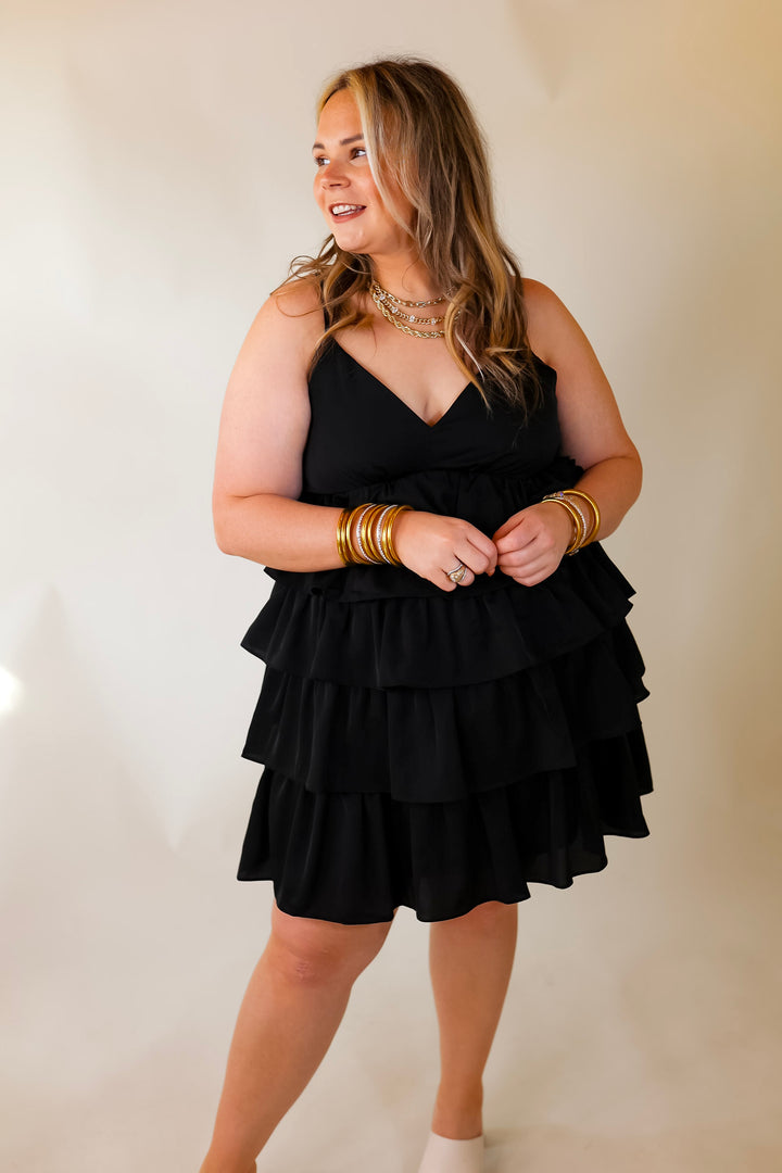 Dare to Dance Ruffled Spaghetti Strap Dress in Black - Giddy Up Glamour Boutique