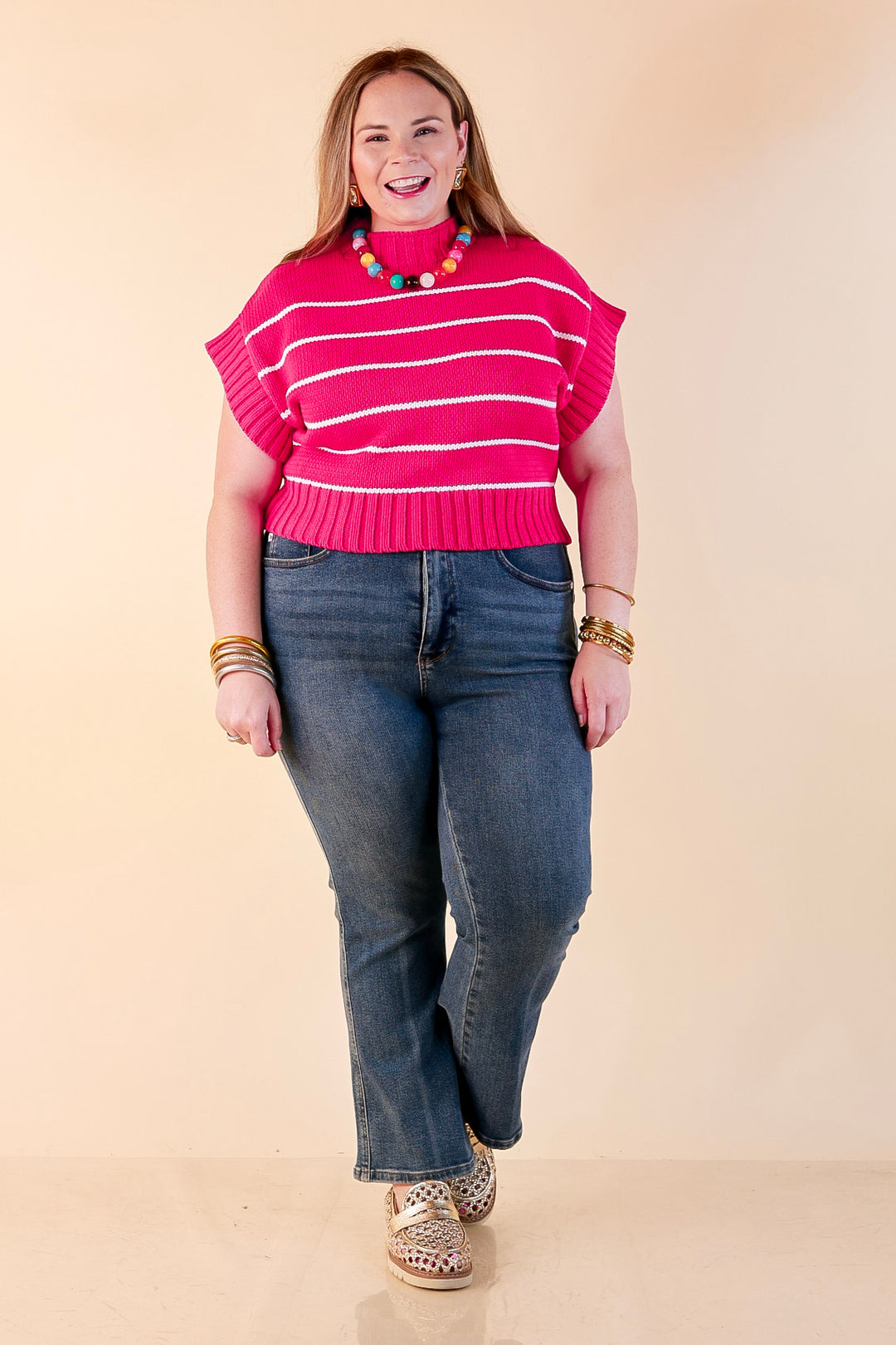 Sweet in Stripes Short Sleeve Striped Mock Neck Sweater in Hot Pink