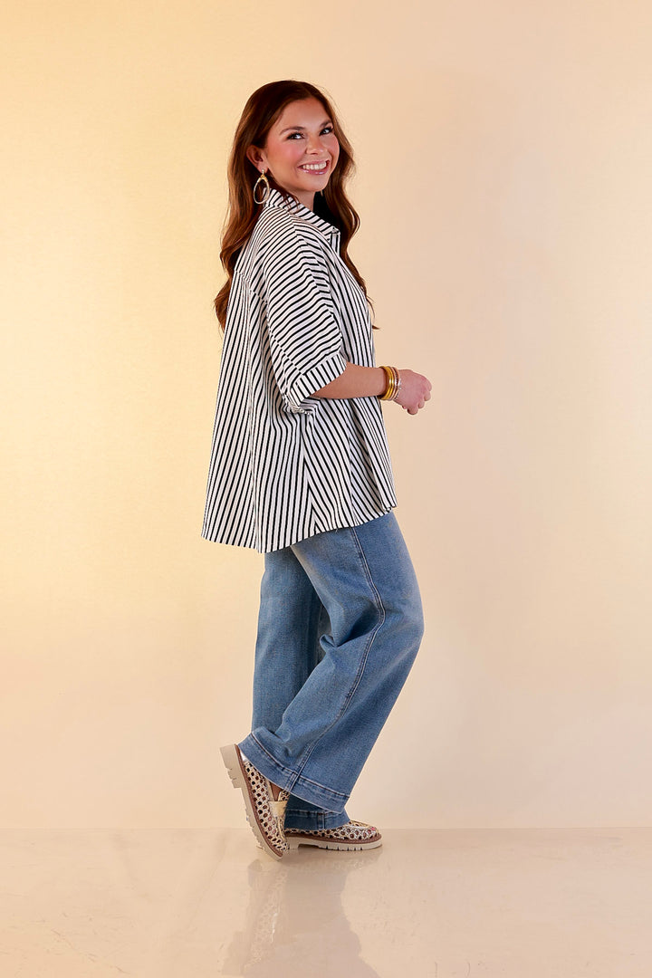 Effortlessly Aligned Button Down Collared Top with Vertical Ivory Stripe Detail in Black