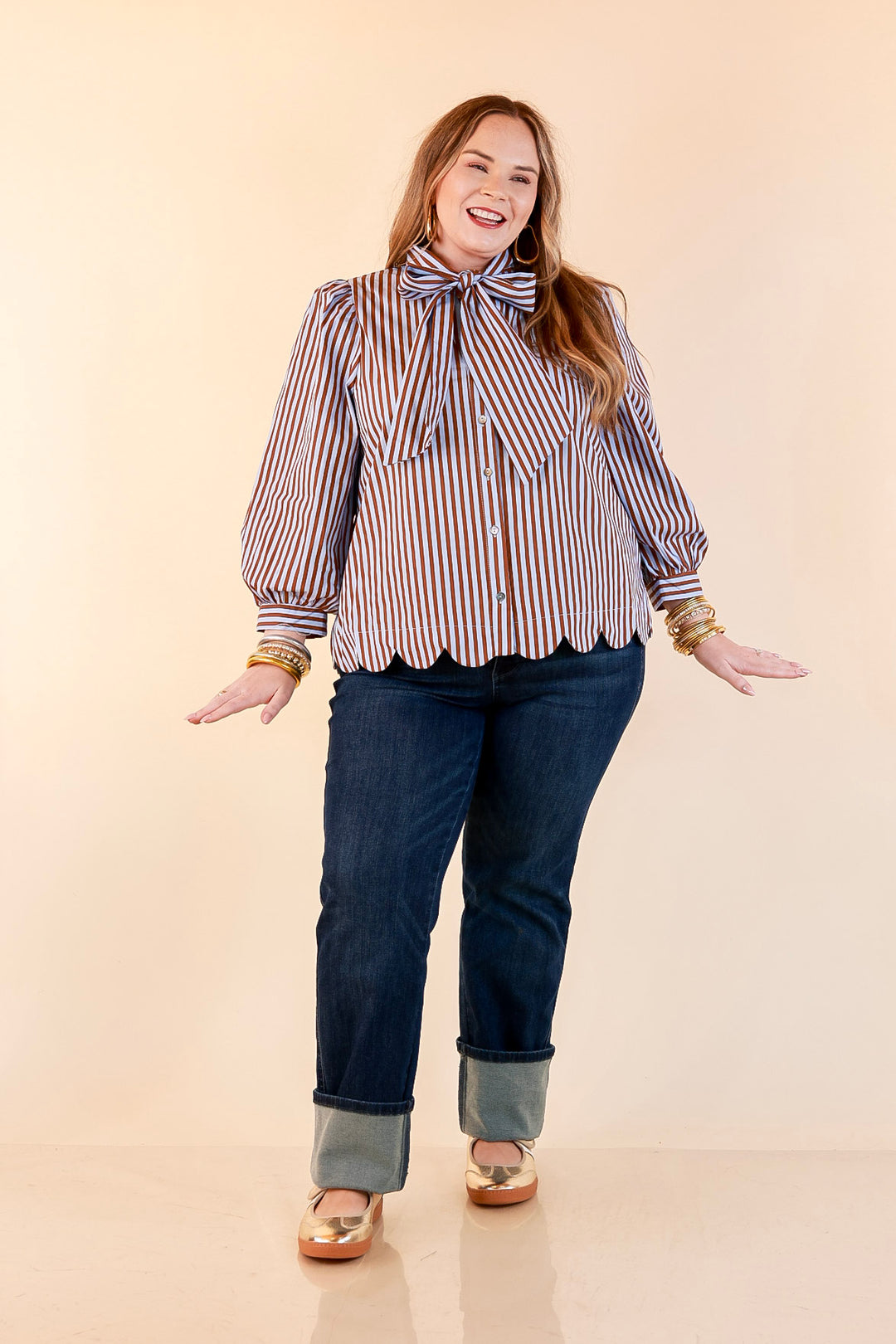 In Good Company Striped Bow Neck Scalloped Hem Blouse in Blue and Brown