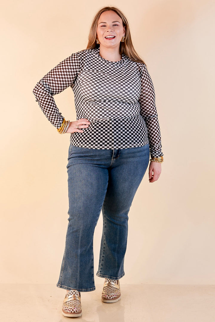 The Perfect Layer Checkered Print Sheer Mesh Long Sleeve Top in Black and White