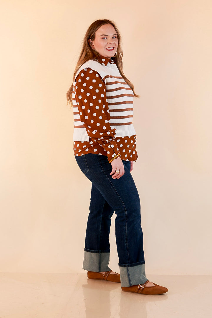 Stripe Things Up Drop Shoulder Knit Sweater in White with Tan Stripes