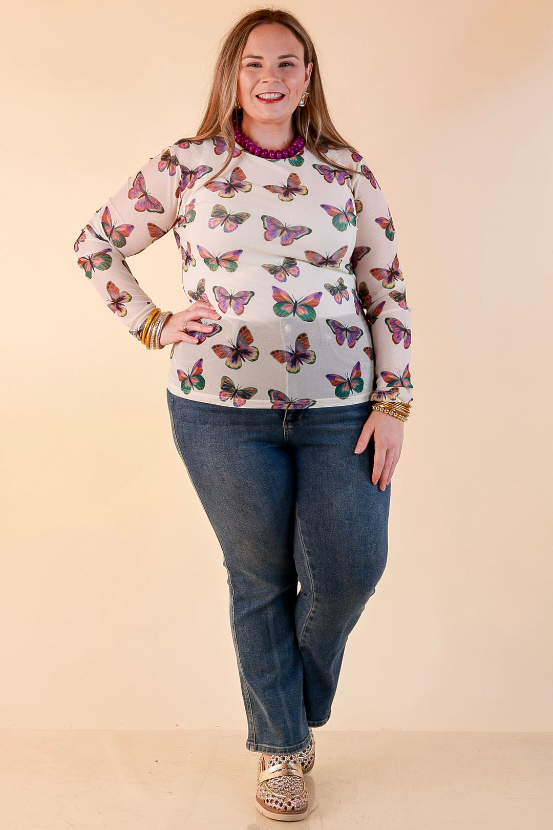 The Perfect Layer Butterfly Print Sheer Mesh Long Sleeve Top in Cream and Gemstone Colors