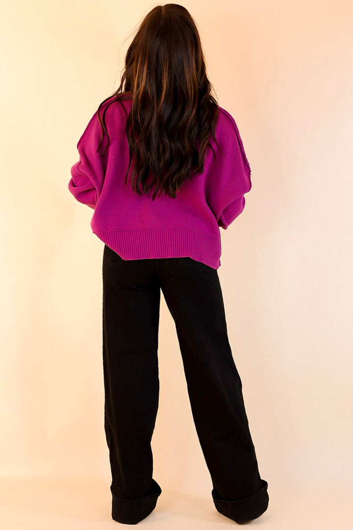 Fireside Fit Cropped Long Sleeve Mock Neck Sweater in Plum Purple