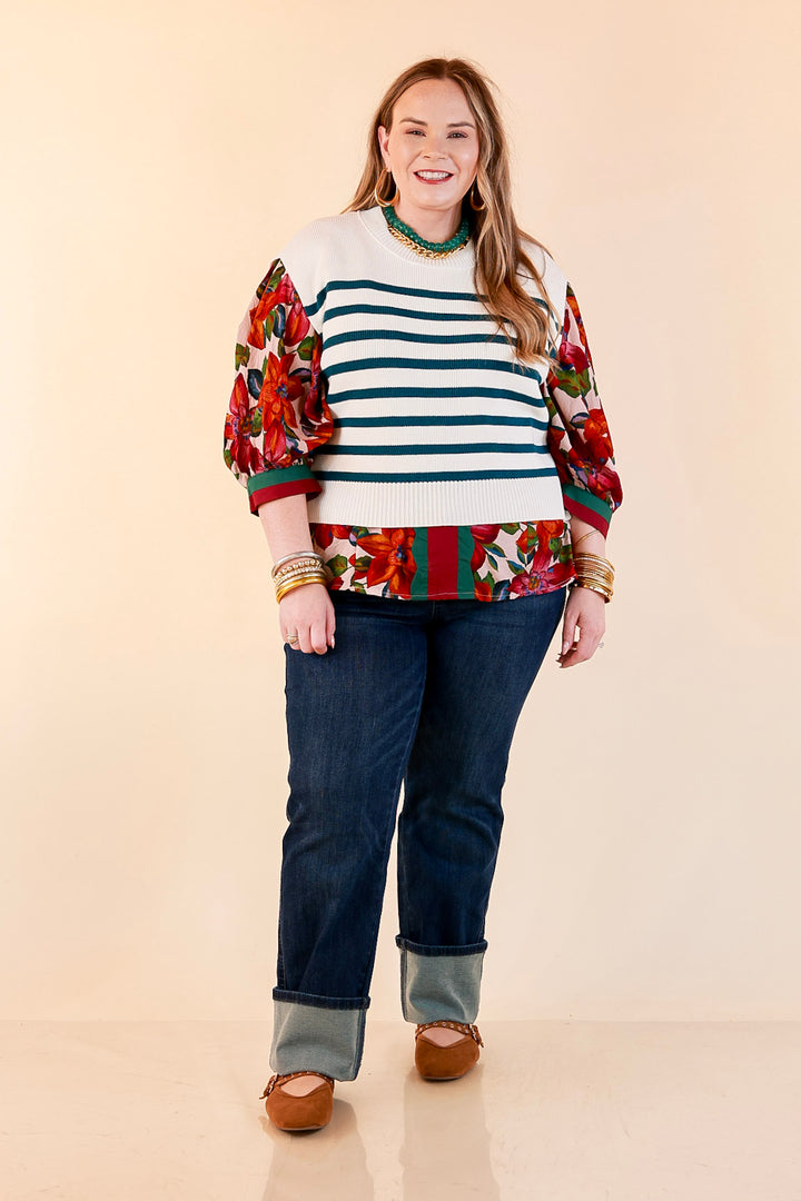 Stripe Things Up Drop Shoulder Knit Sweater in White with Teal Blue Stripes