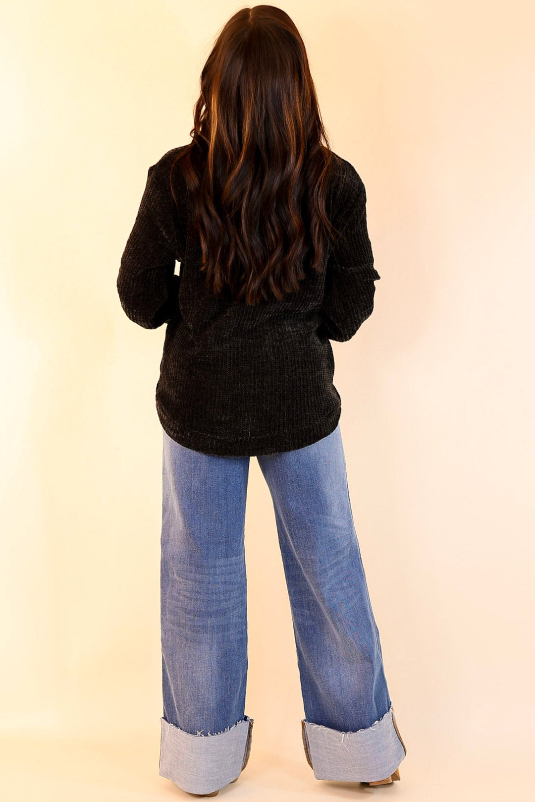 Classic Cutie Long Sleeve Chenille Waffle Knit Round Neck Sweater in Black