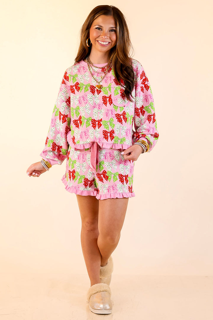 Simply Southern | Wrapped in Joy Matching PJ Set with Polka Dot Bows and Ruffle Detailing in Pink