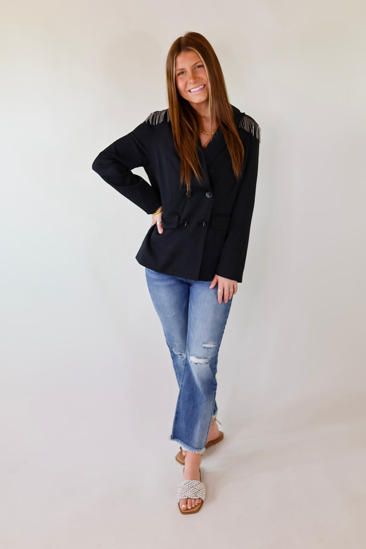 Check Me Out Blazer with Silver Fringe in Black - Giddy Up Glamour Boutique