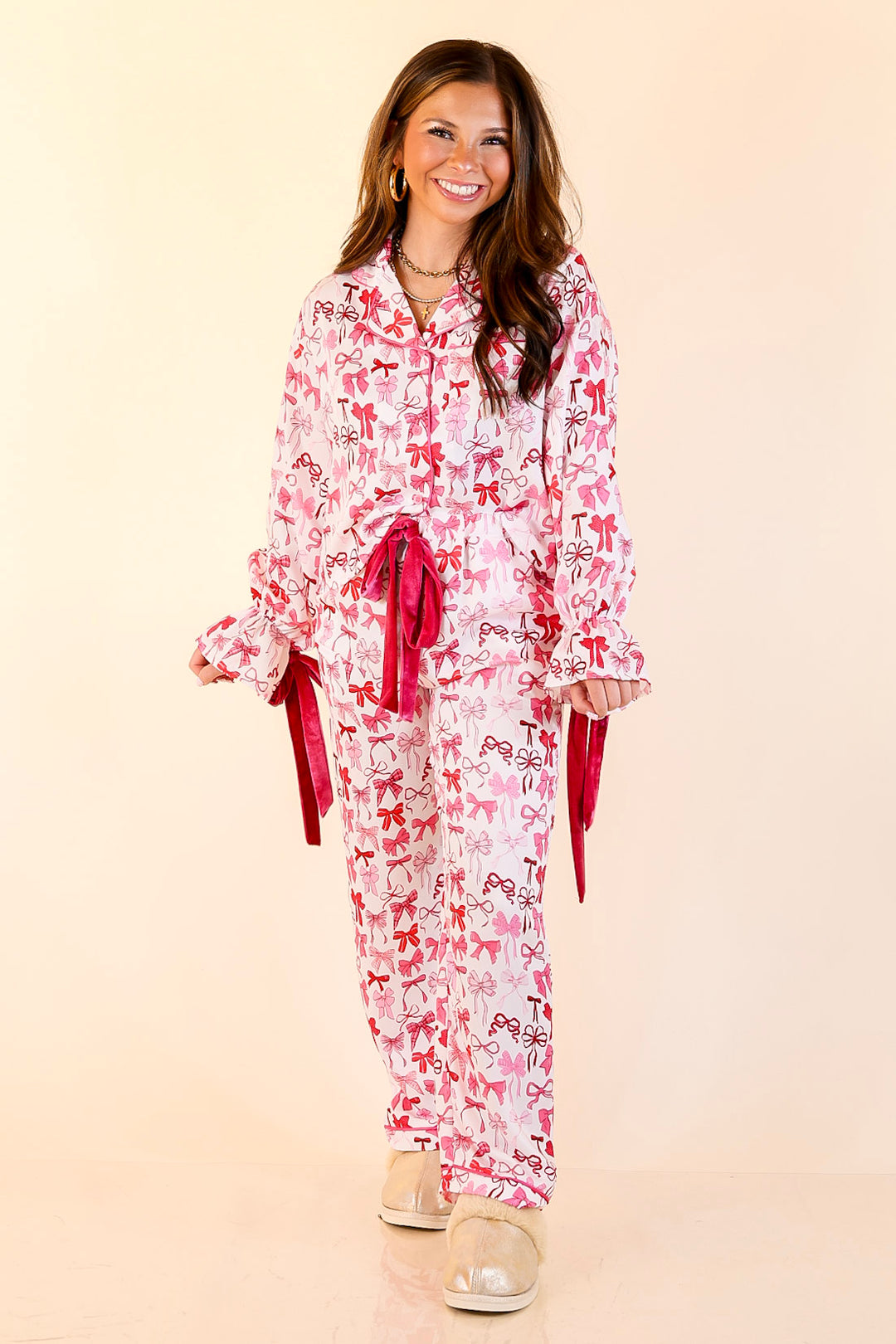 Simply Southern | Sweet Slumber Matching PJ Satin Set with Pink Bow Detailing in Ivory