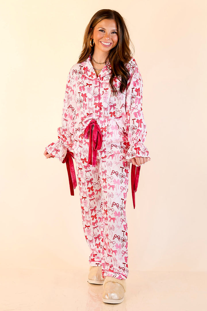 Simply Southern | Sweet Slumber Matching PJ Satin Set with Pink Bow Detailing in Ivory